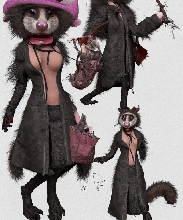 Prompt: the boring, world - weary female anthropomorphic possum demonologist looking for a challenge. her wardrobe is strange. in the style of anti - art trending on artstation deviantart pinterest furaffinity hyper detailed photorealistic highlights and shadow hd 8 k post - processing high resolution