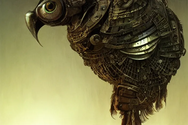 Image similar to a study of cell shaded of a neofuturistic very highly detailed ornate cyborg owl with very highly detailed feathers by Greg Rutkowski, sci-fi highly detailed, digital concept art, Dimensional cyan gold natural light, sharp focus, Golden Ratio illustration, realistic concept art by Stephen Hickman and James Gurney and Hiromasa Ogura Ghost in the Shell, golden ratio, post grunge portrait, character concept art by josan gonzalez, james jean, Mike Mignola, Laurie Greasley, highly detailed, sharp focus, alien, Artstation, deviantart, artgem