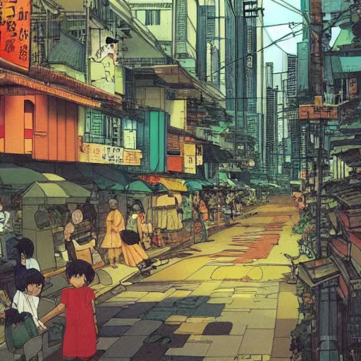 Image similar to a street in singapore, by satoshi kon