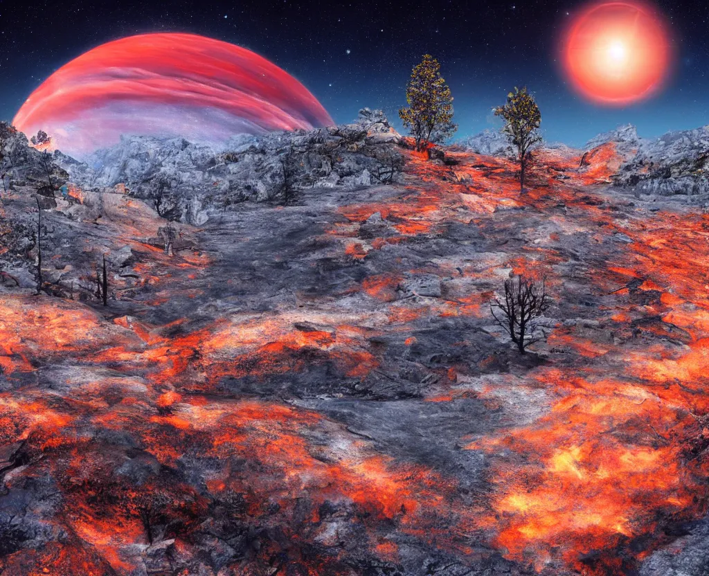 Prompt: A rocky valley surrounded by snow-capped mountains, nighttime, orange gas giant, red nebula, no clouds, sci-fi, photorealistic, landscape, a few trees