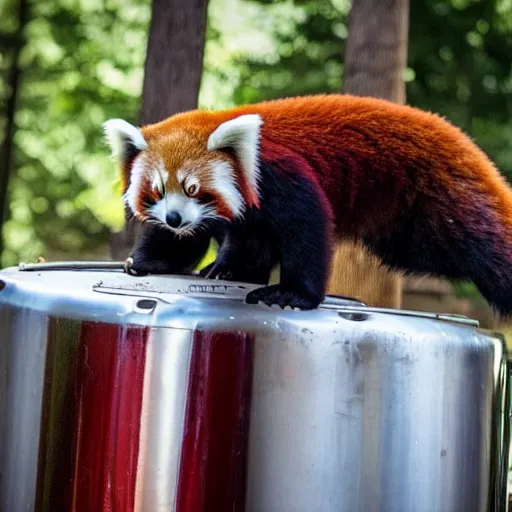 Image similar to a red panda doing a handstand on a keg