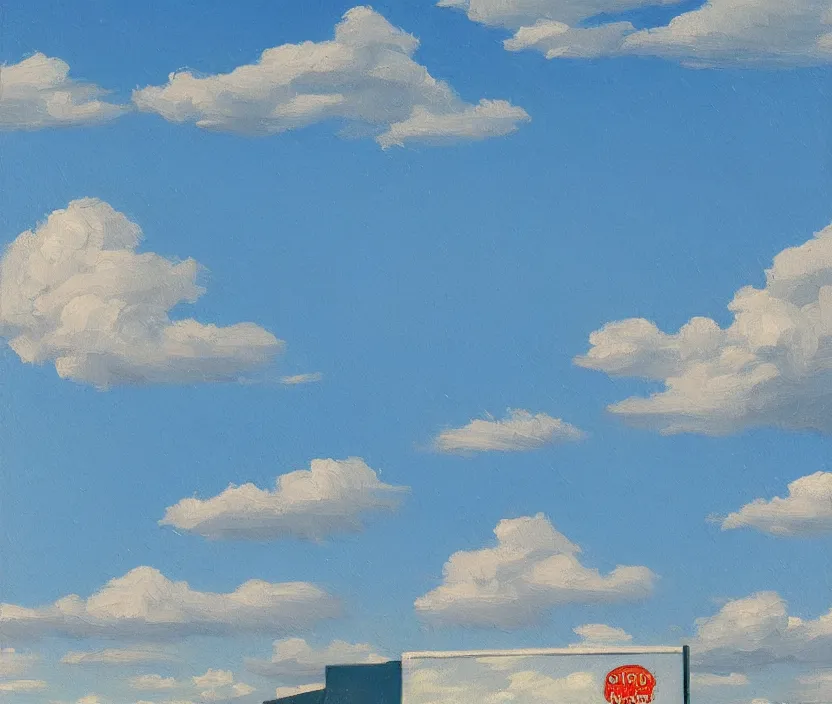 Image similar to a very detailed painting of one big standing billboard, baby blue sky with very aesthetic stylized clouds, in the style of edward hopper, very small brushstrokes, 4 k,