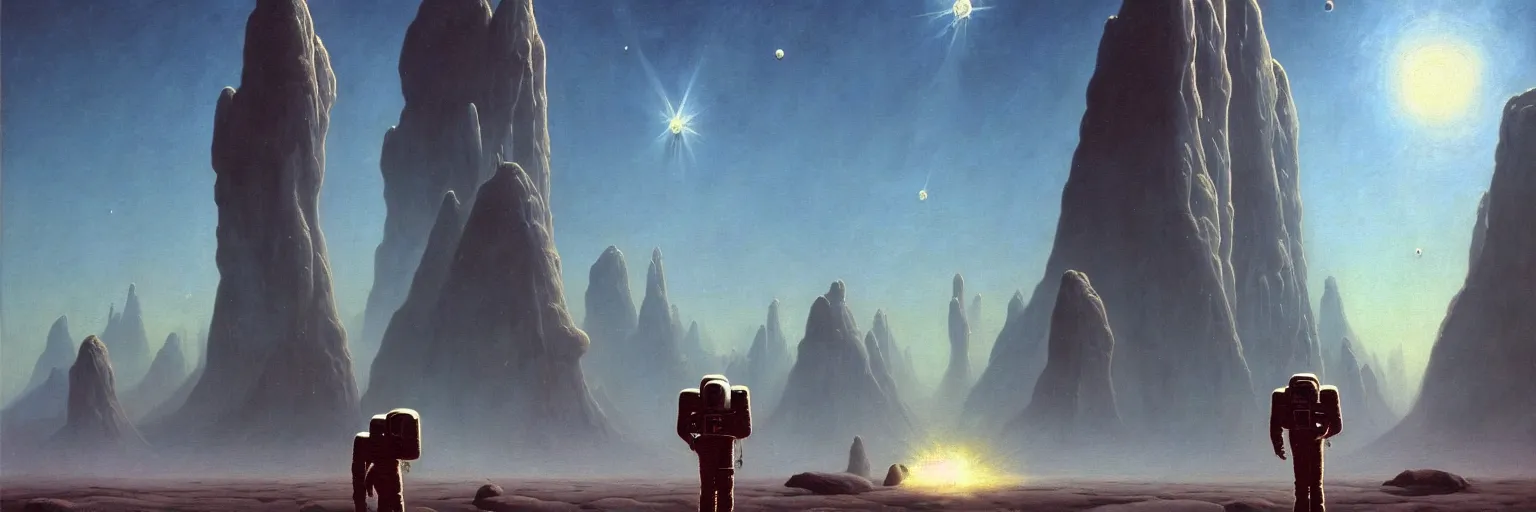 Prompt: A futuristic cosmonaut standing in front of an epic shiny metal monolith wall, oil on canvas, by Simon Stalenhag, by Zdzisław Beksiński, by Bruce Pennington, masterpiece, trending on artstation, featured on pixiv, cinematic composition, concept art, dramatic lighting, aesthetic, planets, stars, asteroids, no frames, 8K