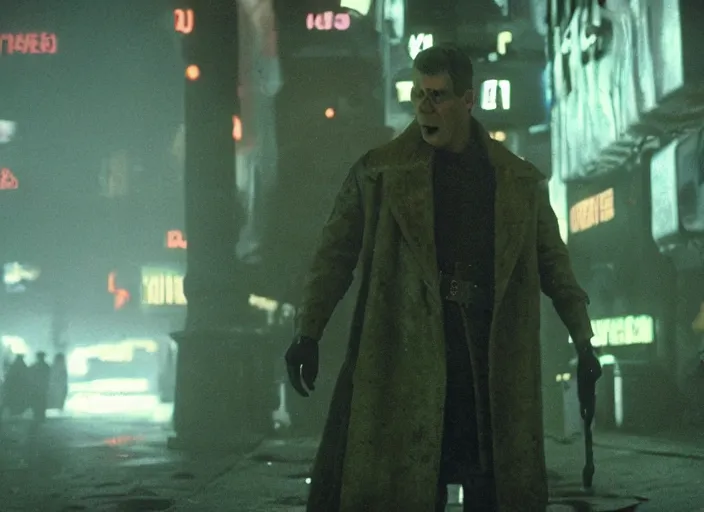 Image similar to film still shrek wearing leather coat as a detective in blade runner, 8 k