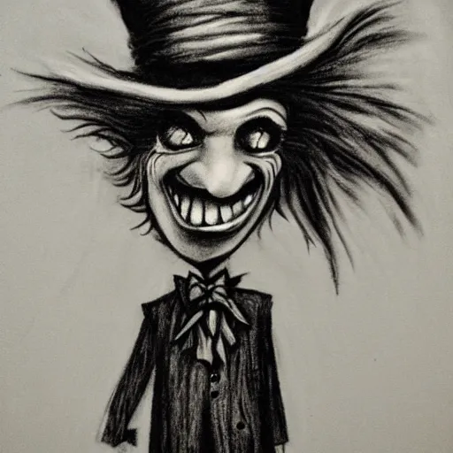 Prompt: horrifying charcoal drawing of the mad-hatter-willie-wonka-babadook