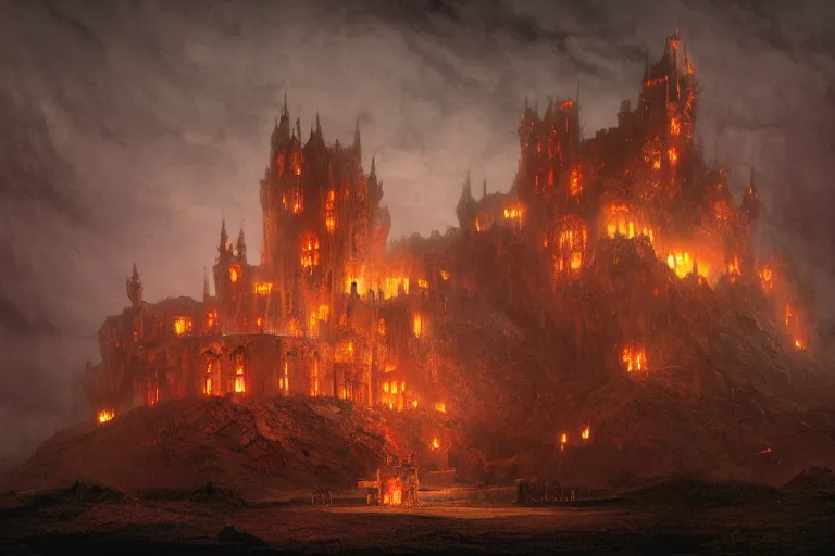 Image similar to a castle at night being lit up by the fire of a dragon, Les Edwards, Zdzislaw Beksinski, Carl Gustav Carus, John Harris, Michal Karcz, Zhang Kechun, Mikko Lagerstedt, Scott Listfield, Steven Outram, Jessica Rossier