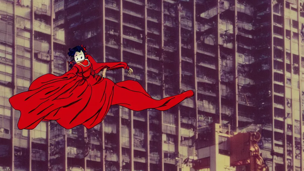 Prompt: a woman in a red dress wearing a red lobster mask falling from a building in Tokyo , film still from the an anime directed by Katsuhiro Otomo with art direction by Salvador Dalí, wide lens