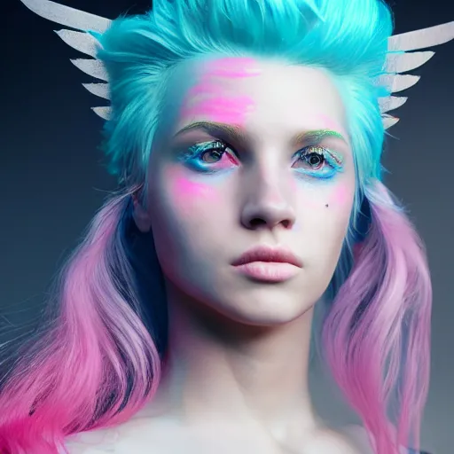 Prompt: beautiful warrior angel with pink hair, upper body, blue piercing eyes, mystery, beautiful aesthetic, by james jean, trending on artstation, digital art, octane render, 8 k, ultra realistic