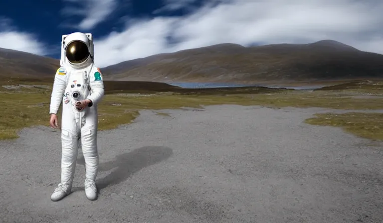 Prompt: astronaut tourist wearing futuristic space suit, standing in the Isle of Harris, Scotland, a futuristic spaceship in the background, wide angle lens, photorealistic