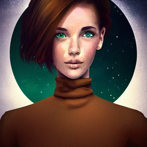 Image similar to a portrait photo of a young woman with short brown hair, a dress, and green eyes, floating in space, trending on artstation