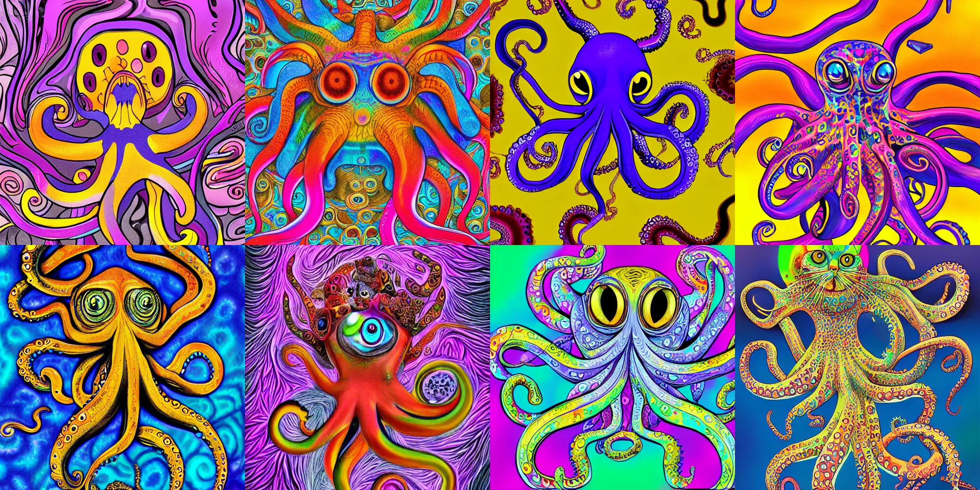 Prompt: psychedelic highly detailed octopus cat chimera, 4 k, octopus cat, digital painting, matte finish