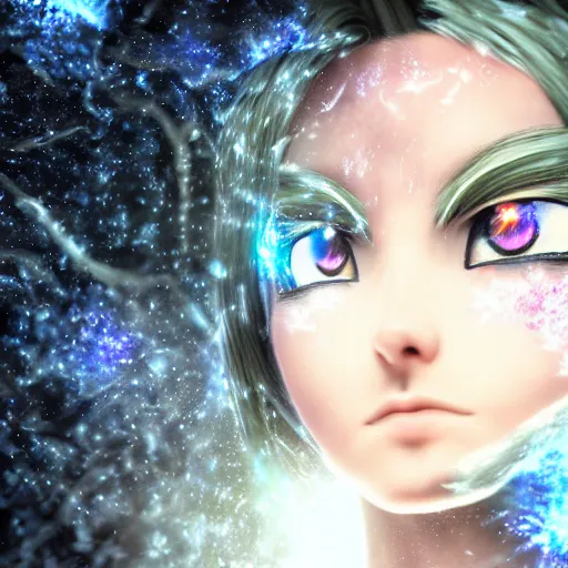 Prompt: photorealistic full shot of masterpiece angry darkness anime girl, beautifull lovely eyes, posing, electric aura with particles, snowing frozen ice, darkness background, inspired by masami kurumada, akira toriyama, detailed, unreal engine 4 k, volumetric lighting, fog
