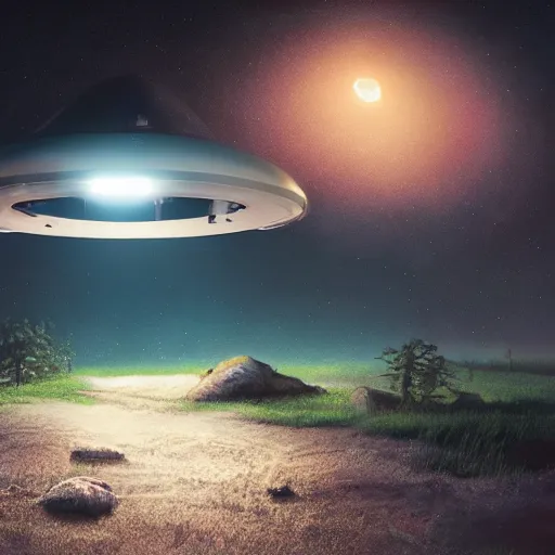 Image similar to found footage of a ufo at night, found footage, dynamic lighting, photorealistic fantasy concept art, trending on art station, stunning visuals, creative, cinematic, ultra detailed