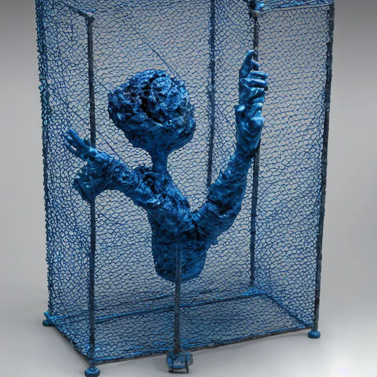 Prompt: hyperrealistic sculpture of a bronze fossilized wentletrap murex dusted with blue spraypaint in a grid cage on a pedestal by ron mueck and duane hanson and lee bontecou, hyperrealistic dramatic colored lighting trending on artstation 8 k