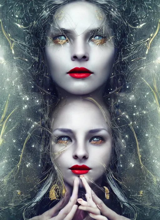 Image similar to glowing silver and golden elements, full close-up portrait, female portrait model from shutterstock as a dark evil looking witch, book cover, green forest, white moon, red lips, establishing shot, extremly high detail, photo-realistic, cinematic lighting, pen and ink, intricate line drawings, by Yoshitaka Amano, Ruan Jia, Kentaro Miura, Artgerm, post processed, concept art, artstation, matte painting, style by eddie, raphael lacoste, alex ross