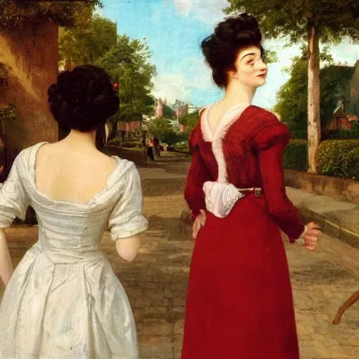 Prompt: niclas weintz trying to flirt with anne hathaway in a sunny street with jealous women with black hair standing in the back, 4 k, painting by eugene de lacroix, beautiful, high detail,