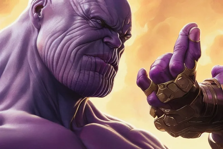 Prompt: Thanos smirking while clenching his fist, trending on Artstation, highly detailed, HD wallpaper, 4k, photorealistic, digital art, art by artgerm and Greg Rutkowski and Alphonse Mucha