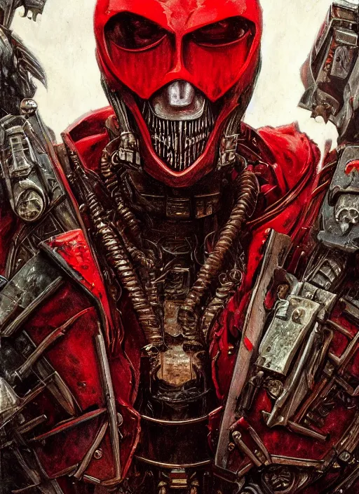 Image similar to portrait of rotten Nicolas Cage as adeptus mechanicus in red hood and robe from Warhammer 40000. Highly detailed, artstation, illustration by and John Blanche and zdislav beksinski and wayne barlowe