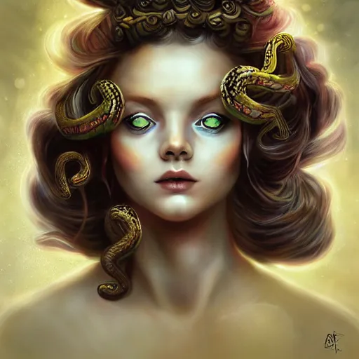 Image similar to realistic mythological greek medusa, snakes on the head, by anna dittmann