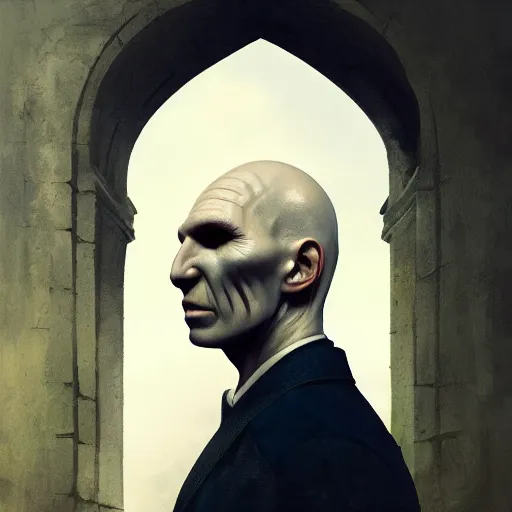 Image similar to portrait of voldemort, no nose, exudes terror, castle, mysterious breath, spitfire, photography, hyperrealistic, by greg rutkowski, smooth, illustration, elegant, artstation, digital painting.