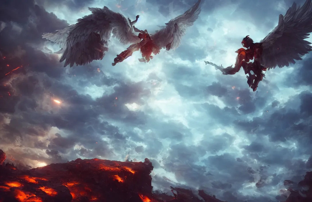 Image similar to an angel flying over hell, digital painting, concept art, smooth, sharp focus, hyperrealistic, illustration, artstation trending, octane render, unreal engine, ambient light, dynamic lighting, magical, dark fantasy