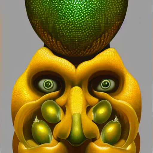 Image similar to Alex Grey painting of Lemonus, the lemon god of citrus, highly detailed, symmetrical, trending on artstation