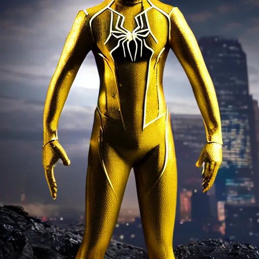 Image similar to gold spider - man suit with black web lining, cinematic, volumetric lighting, realistic, hyperdetailed, photorealistic, photograph