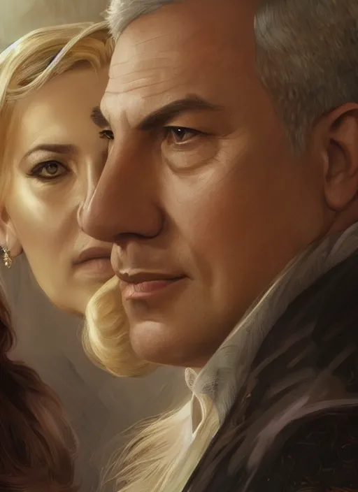 Image similar to beautiful benjamin netanyahu and sara netanyahu, closeup, d & d, fantasy, intricate, elegant, highly detailed, digital painting, artstation, concept art, matte, sharp focus, illustration, art by artgerm and greg rutkowski and alphonse mucha