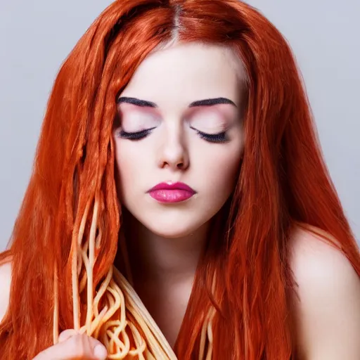 Image similar to a woman with spaghetti as hair, 8 k, 4 k, professional photography, award winning photo