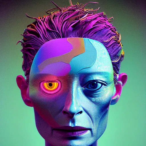 Image similar to a realistic octane render physically based rendering chrome neon tilda swinton, trending on artstation, by archan nair and marlene dumas, intricate details, gilded, in the style of frank auerbach, in the style of martin ansin, in the style of david aja, by kandinsky