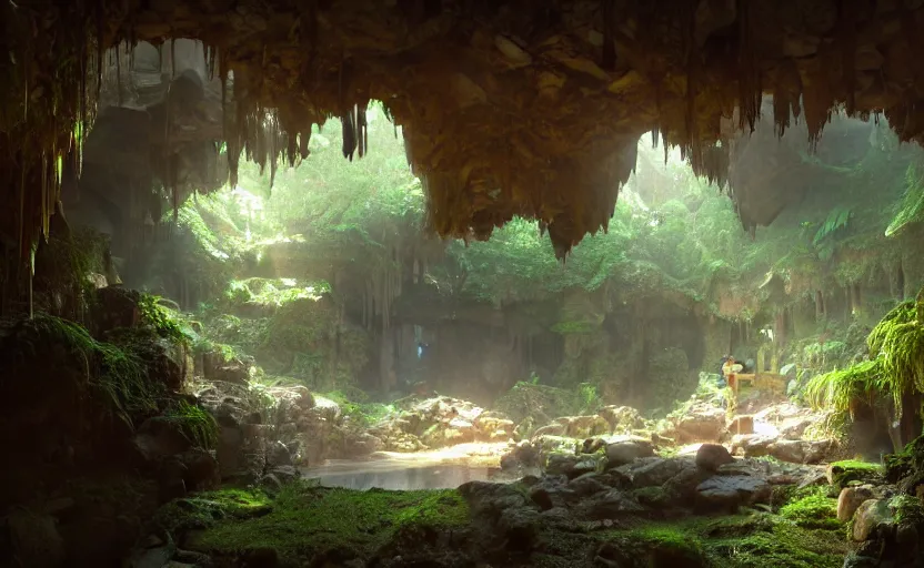 Image similar to painting of an interior of a hidden hotspring in a cave, fantasy, lush plants and flowers, natural light, concept art, by greg rutkowski and craig mullins, cozy atmospheric and cinematic lighting, trending on artstation