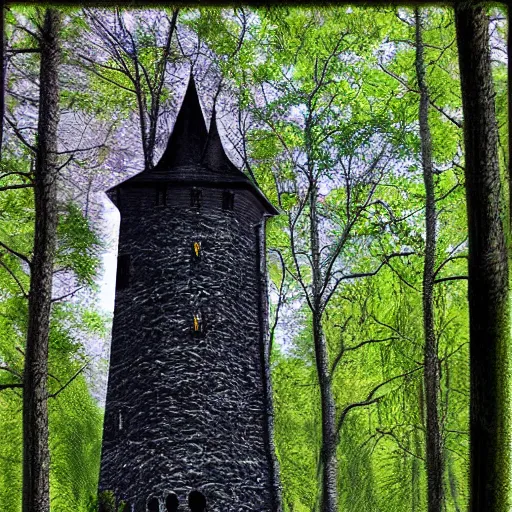 Prompt: a black tower surrounded by woodlands, digital art