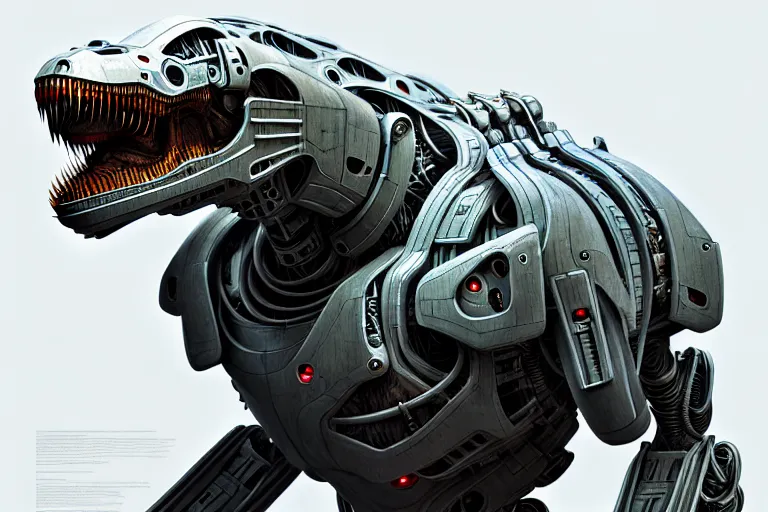 Image similar to trex in a cyborg mech suit, by alexandre ferra, zezhou chen, peter gric, mohamed reda and hr giger, hyper detailed, screen print, character concept art, hyperrealism, coherent, cgsociety, zbrush central, behance hd, hypermaximalist