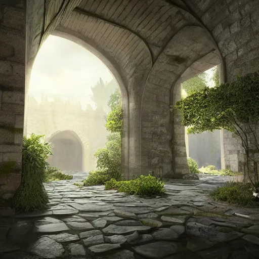 Prompt: a corridor in a stone building with trees on either side, a detailed matte painting by senior environment artist, cgsociety contest winner, fantasy art, unreal engine 5, cryengine octane render