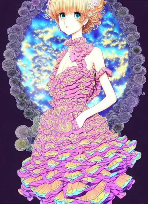 Prompt: manga of beautiful girl, robot, curls hair, rococo ruffles dress, rosette, pastel rainbow, pearlescent, shimmering, prismatic, reflective, rim light, detailed background, by katsuhiro otomo, takeshi obata, takato yamamoto, illustration, artstation, concept art, highly detailed, colorful, maximalist