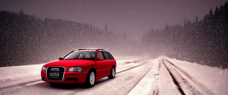 Image similar to Audi A4 B6 Avant (2002), a gritty neo-noir, Robot horror, dramatic bright lighting, cinematic, establishing shot, extremely high detail, photorealistic, cinematic lighting, artstation, by simon stalenhag, Snowy italian road, Snowy Apennines, At night, Poets of the Fall - Late Goodbye