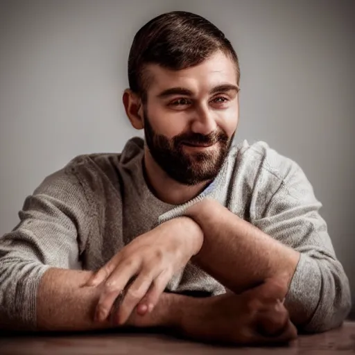 Prompt: a close up portrait of a man who just won the lottery and remembers now his weird ex will 1 0 0 % contact him again very soon, ambient light, beautiful fill light