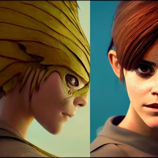 Prompt: emma watson as a chimera insect humanoid. cast shadows. solar punk aesthetic. hayao miyazaki colors. photorealistic render in unreal engine.