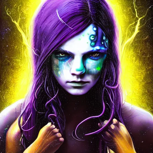 Image similar to detailed photo portrait of a furious teen girl with thin, hair-like purple tentacles on her head and bright purple eyes, 8k,by tristan eaton, Stanley Artgermm,Tom Bagshaw,Greg Rutkowski,Carne Griffiths,trending on DeviantArt, face enhance,hyper detailed ,full of colour, dramatic lightning