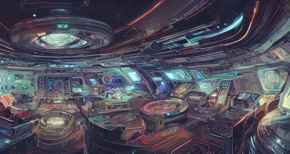 Image similar to A beautiful artwork illustration, inside of an alien ship, cluttered with charts, images, and holograms of planets, featured on artstation, wide angle, horizontal orientation