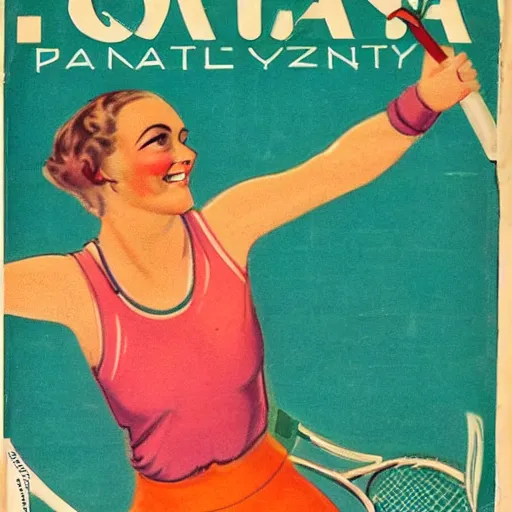 Image similar to a 1 9 2 8 cover of a quality magazine. happy, healthy, beautiful, smiling, young, sporty, glowing woman in decent athletic wear playing tennis. hyper - realistic detailed color drawing