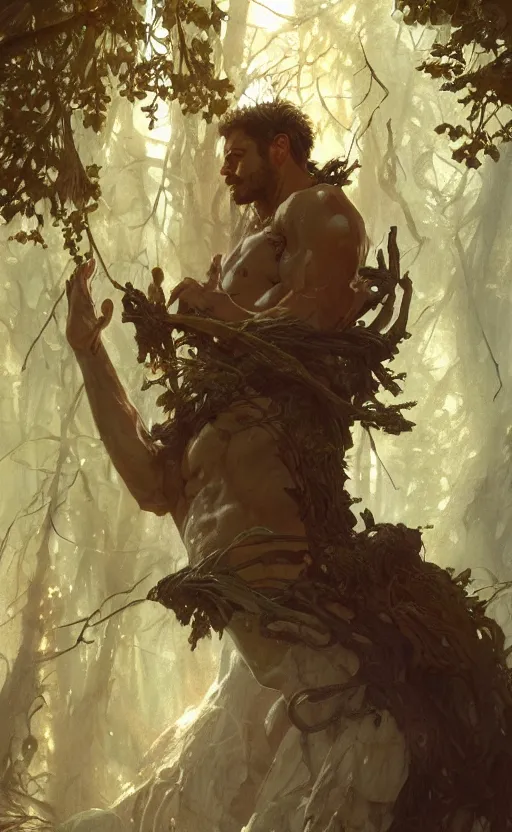 Prompt: god of the forest, 3 0 years old, rugged handsome, male, gorgeous, detailed face, clean lines, cinematic light, amazing, full body, flowers, muscular, intricate, highly detailed, digital painting, artstation, concept art, sharp focus, illustration, art by greg rutkowski and alphonse mucha