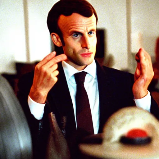 Image similar to Emmanuel Macron disguised as a macaron in American Psycho (1999)