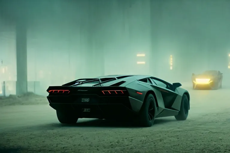 Image similar to A cinematic film still of a Lamborghini in the movie Blade Runner 2049.