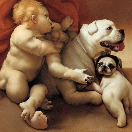 Prompt: a dog cuddling with a baby in michaelangelo style