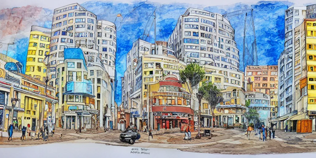Prompt: street artists. painting of rounded bauhaus buildings in a junction in tel aviv. highly detailed. pen drawing painted with watercolors. colorful