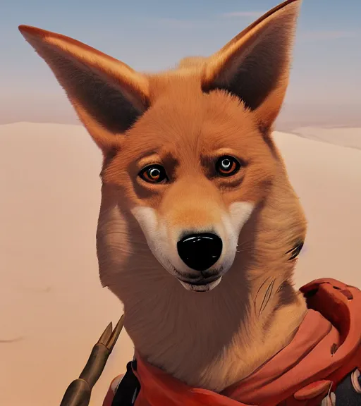 Image similar to stylized three quarters portrait concept art of the anthro anthropomorphic dingo dog head animal person fursona wearing clothes hiker adventurer standing in australia outback, hidari, color page, tankoban, 4 k, tone mapping, akihiko yoshida, clean bright happy