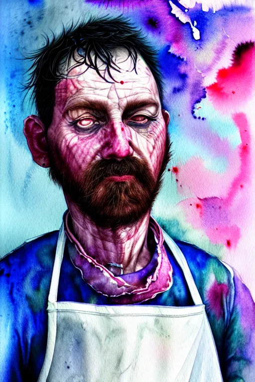 Prompt: watercolor portrait of a butcher with a white apron, raining, romantisism, outrun, pastel colors, painting, moody, detailed, by android jones