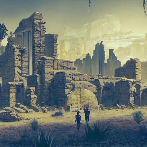 Prompt: ancient ruins in the desert,cyberpunk,retrowave art,trending on art station