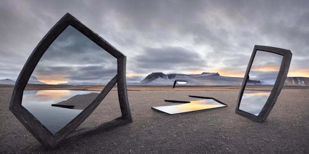 Image similar to futuristic angular minimalist sculpture made from deconstucted charcoal wood and mirrors, refracted, floating, iceland landscape photography sunset, by lurie belegurschi and gunnar freyr